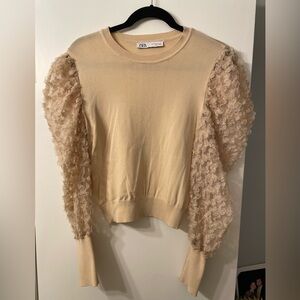 Zara Beige Puff-Sleeve Knit Top
